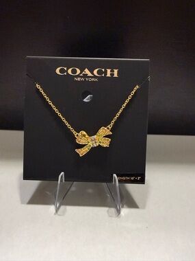 NEW Coach Rainbow Studded Pave Ribbon Gold Tone Crystals Pendant Necklace